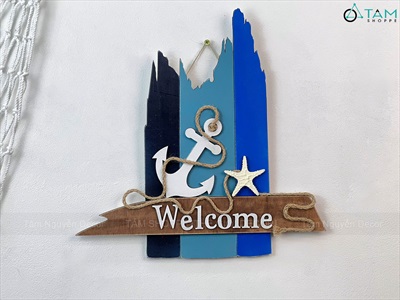 Bảng treo cửa Welcome mỏ neo ván mẻ [Bằng gỗ - Thủ công] 35x36cm BTC-BIEN-06